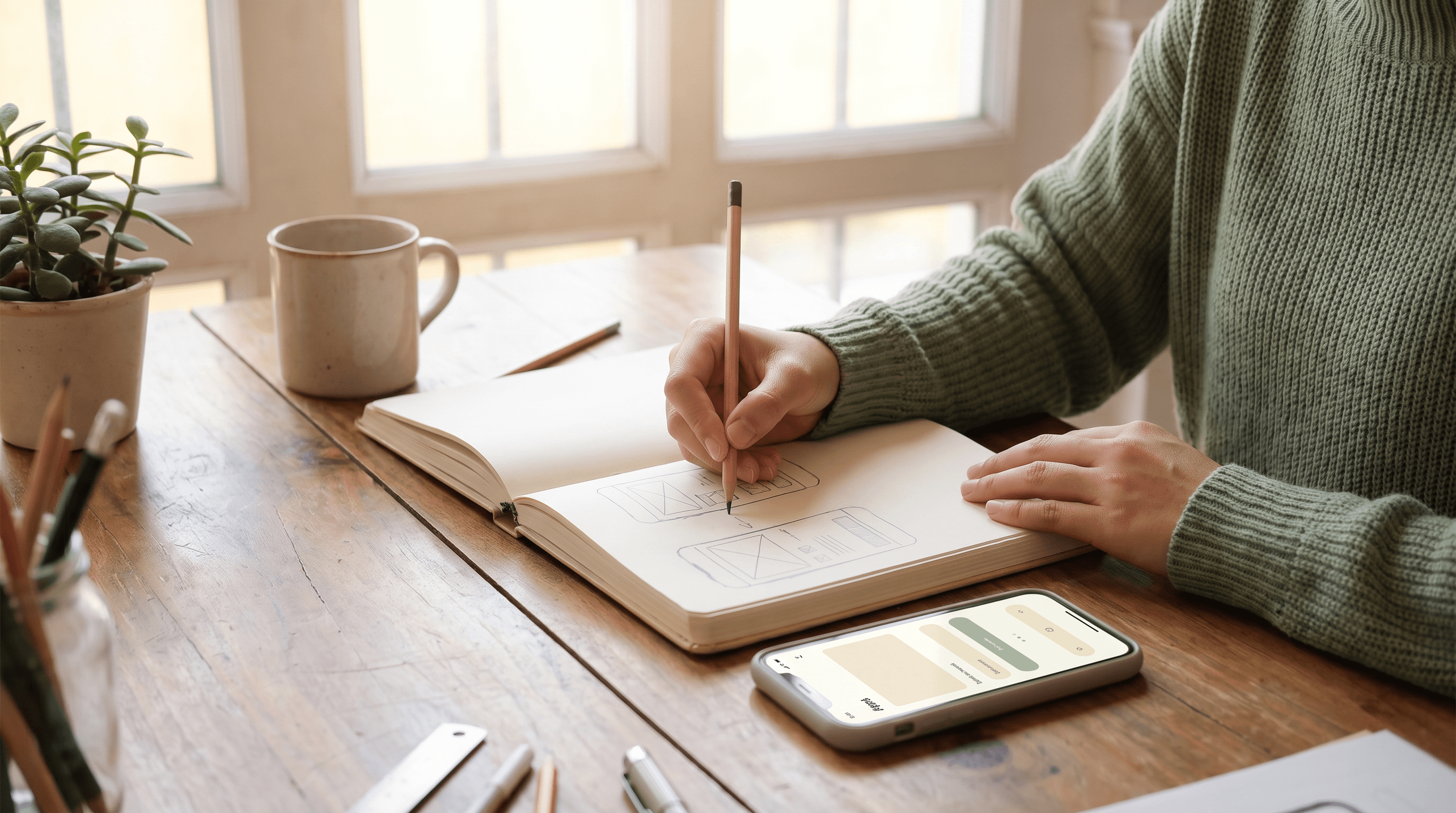 A hand sketching a mobile app wireframe in a notebook next to a phone showing a clean interface