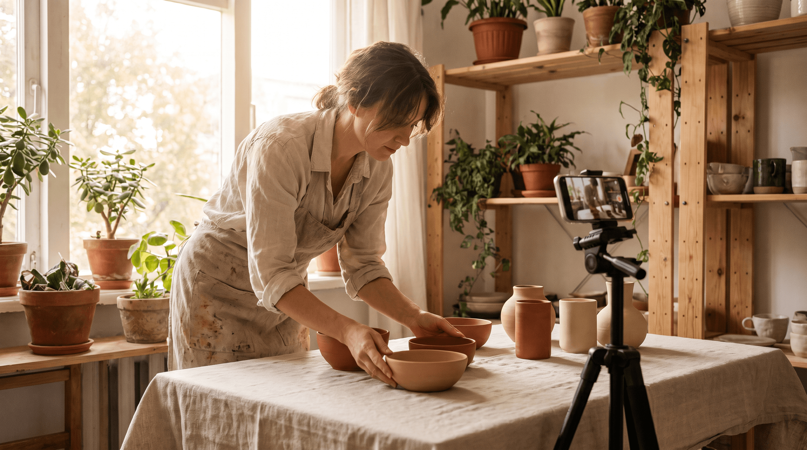 A small business owner photographing handmade ceramics with a smartphone on a tripod